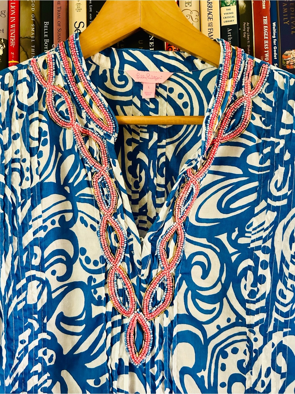 Lily Pulitzer Sarasota Blue White Embellished Coral Beaded Tunic Top, size L - Picture 2 of 12